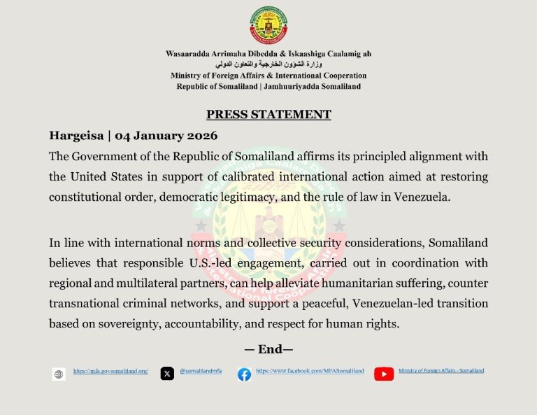 Somaliland Backs U.S. Military Action to Restore Democracy and Rule of Law in Venezuela